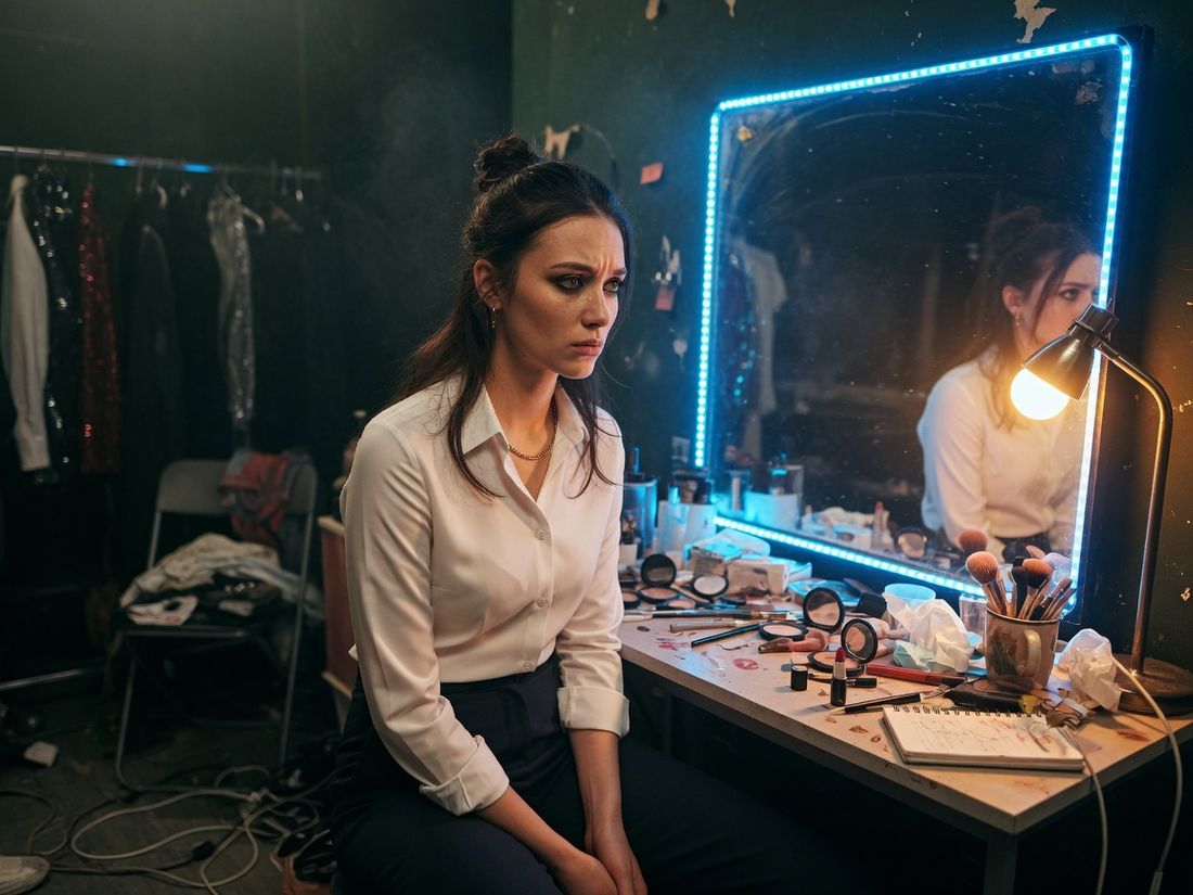 Модель перед гримерним дзеркалом, підготовка контенту для Fansly